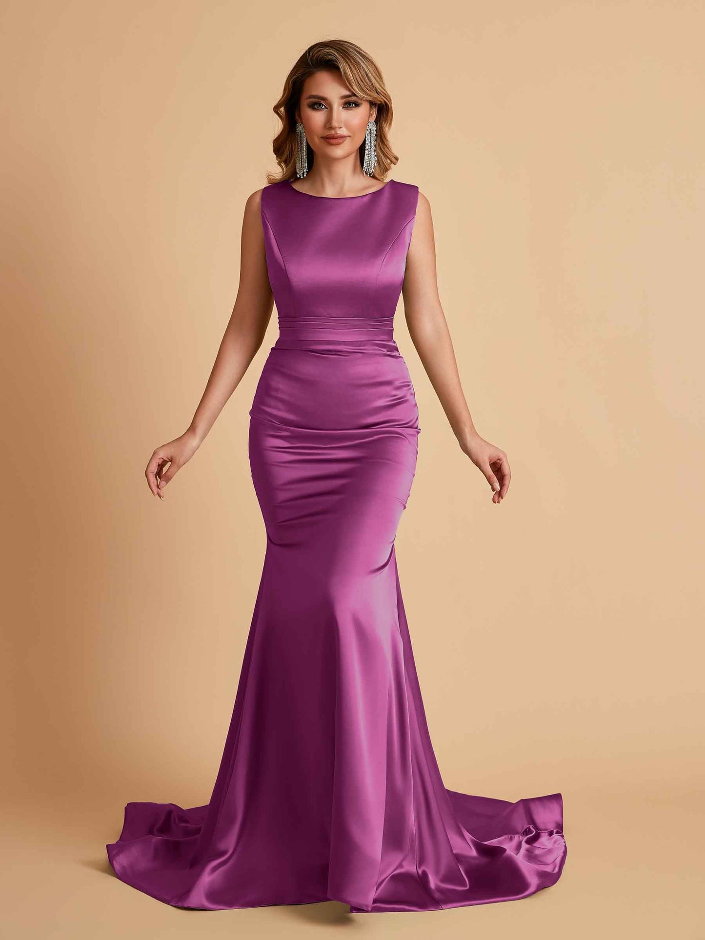 Elegant Satin Sleeveless Pleats Mermaid Bridesmaid Dresses Floor Length