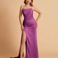 Elegant Satin Straight Neck Mermaid Side Slit Floor Length Bridesmaid Dresses