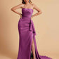 Sexy Satin Side Slit Strapless Pleats Floor Length Mermaid Bridesmaid Dresses