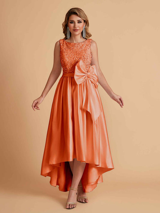 Sparkly Satin Sleeveless Pleats A-line Bridesmaid Dresses High-Low
