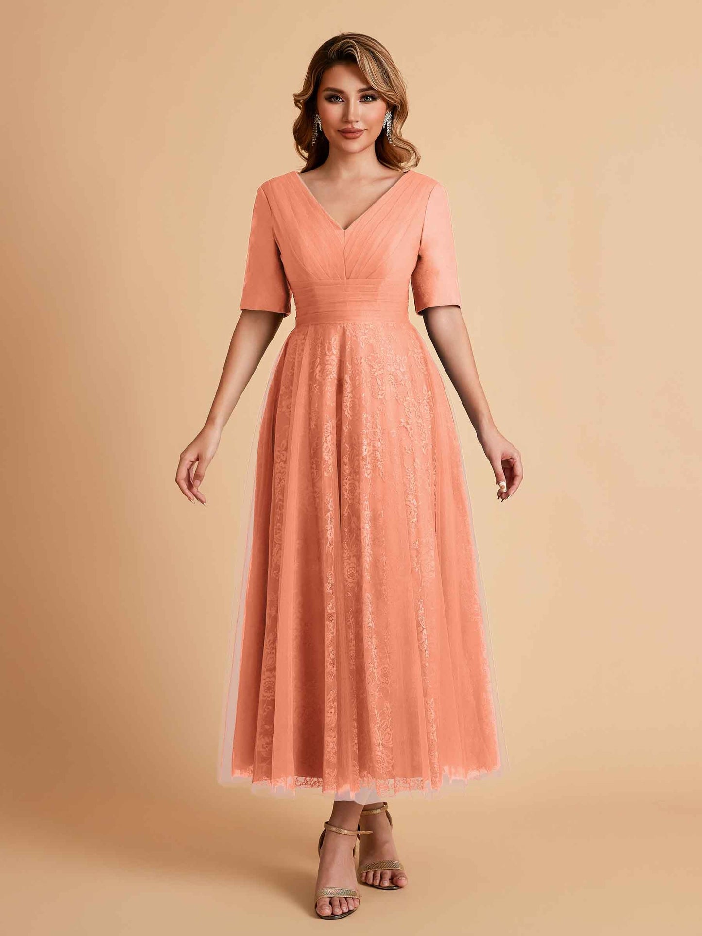 Elegant A-line Half Sleeves V-neck Mother of the Brides Dresses Online