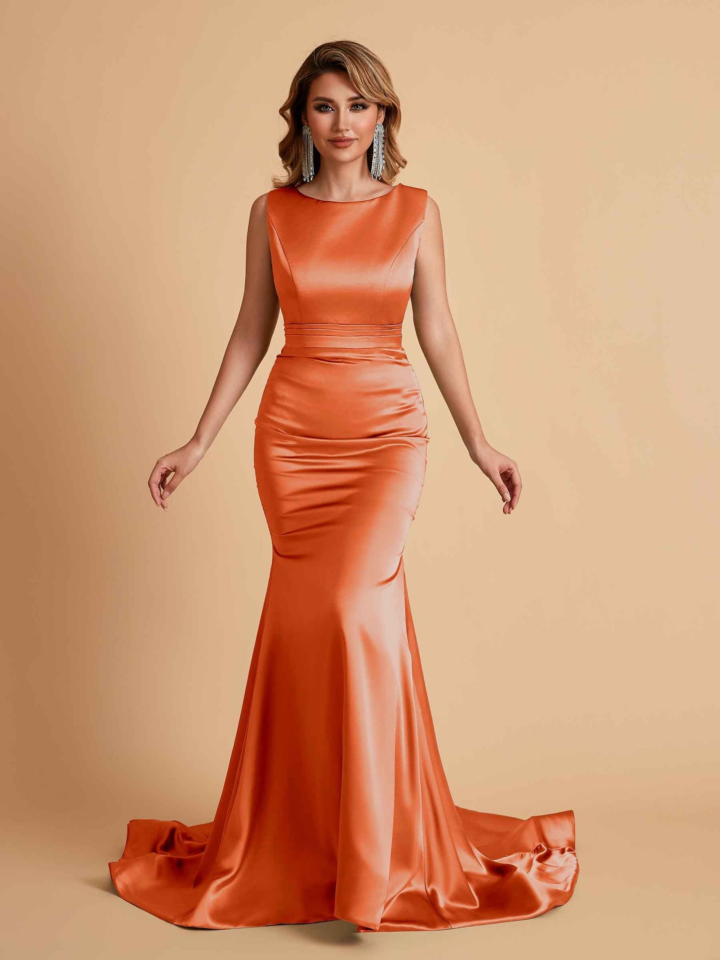 Elegant Satin Sleeveless Pleats Mermaid Bridesmaid Dresses Floor Length