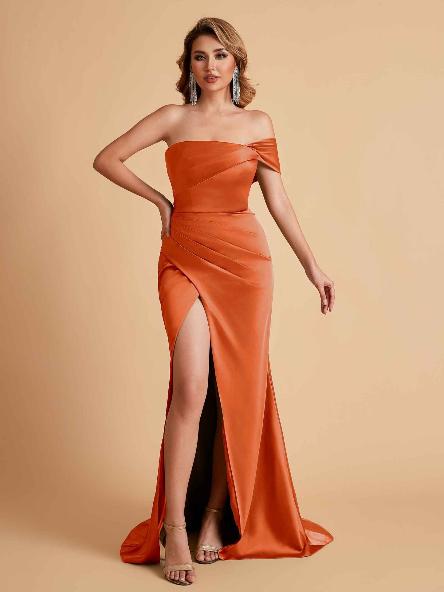 Sexy Satin One Shoulder Pleats Mermaid Bridesmaid Dresses Side Slit Floor Length