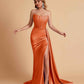 Sexy Satin Sleeveless Pleats Mermaid Bridesmaid Dresses Side Slit Floor Length
