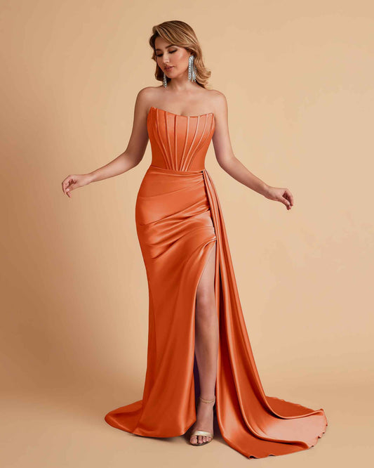Sexy Satin Sleeveless Pleats Mermaid Bridesmaid Dresses Side Slit Floor Length