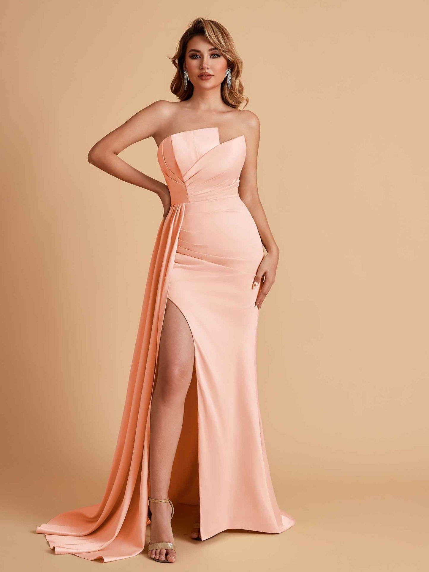 Elegant Satin Sleeveless Asymmetrical Mermaid Side Slit Floor Length Bridesmaid Dresses
