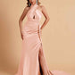 Elegant Satin Halter Pleats Side Slit Mermaid Bridesmaid Dresses Floor-Length