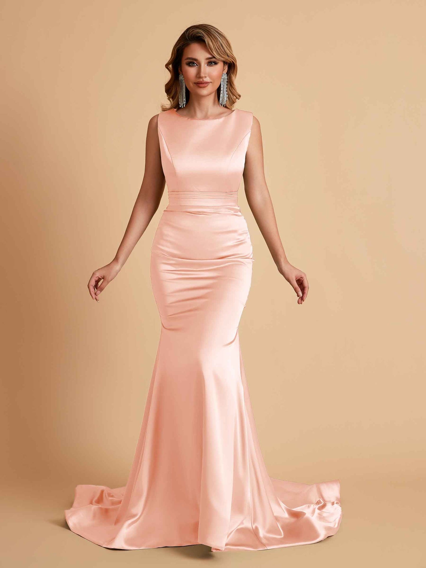 Elegant Satin Sleeveless Pleats Mermaid Bridesmaid Dresses Floor Length