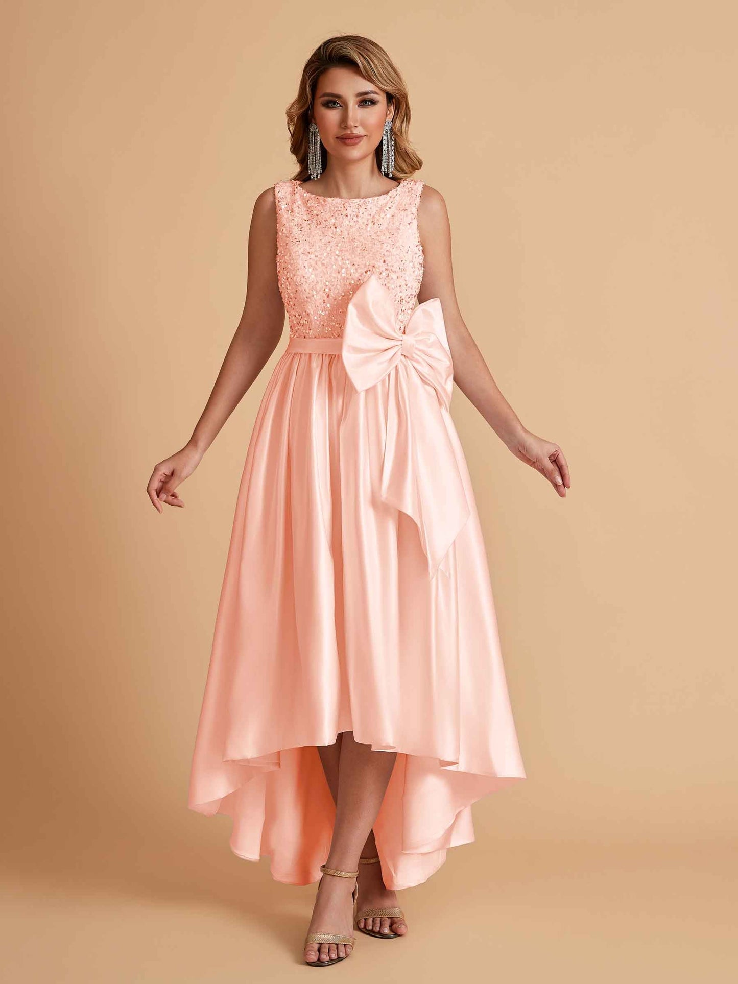 Sparkly Satin Sleeveless Pleats A-line Bridesmaid Dresses High-Low