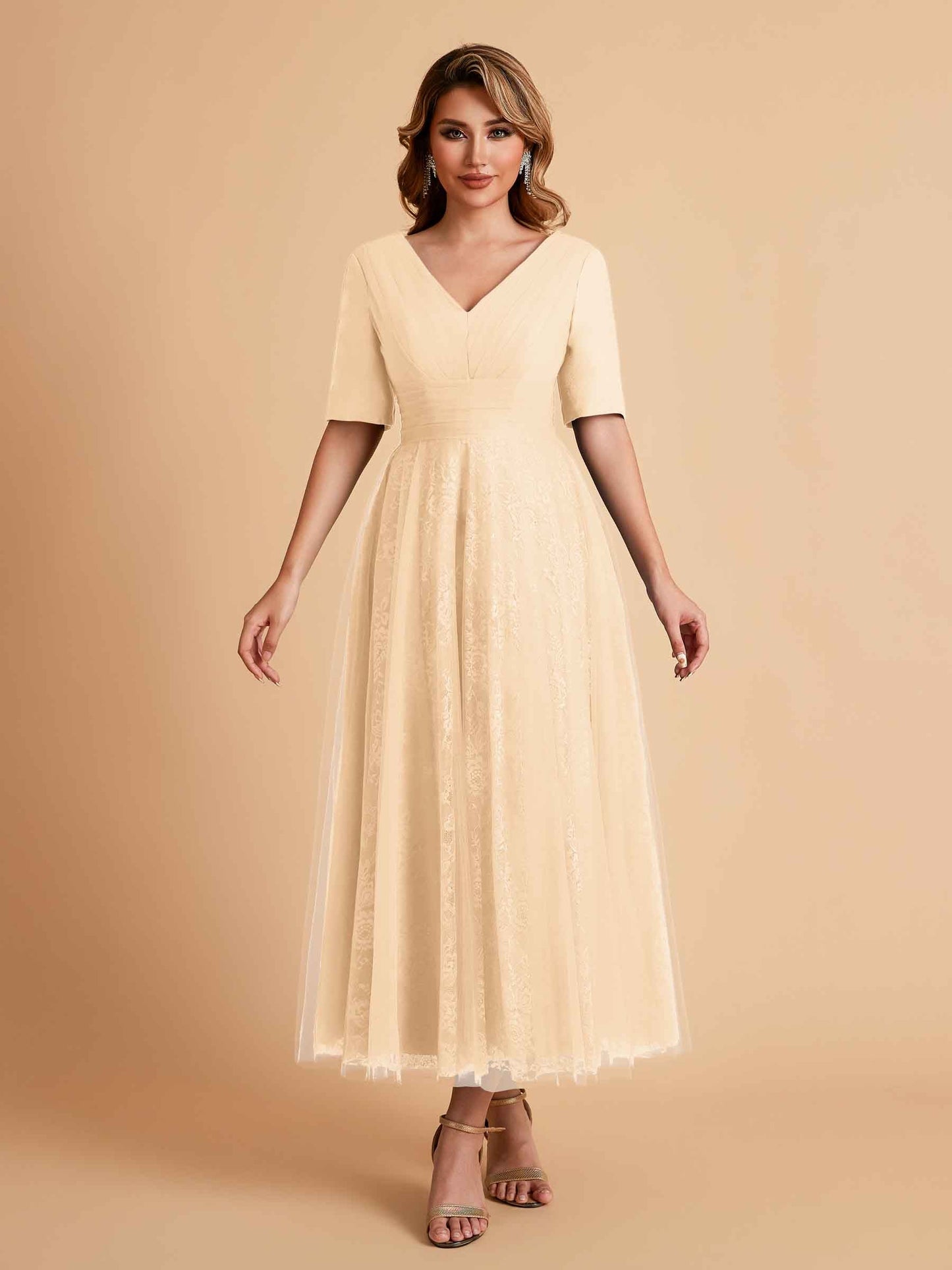 Elegant A-line Half Sleeves V-neck Mother of the Brides Dresses Online