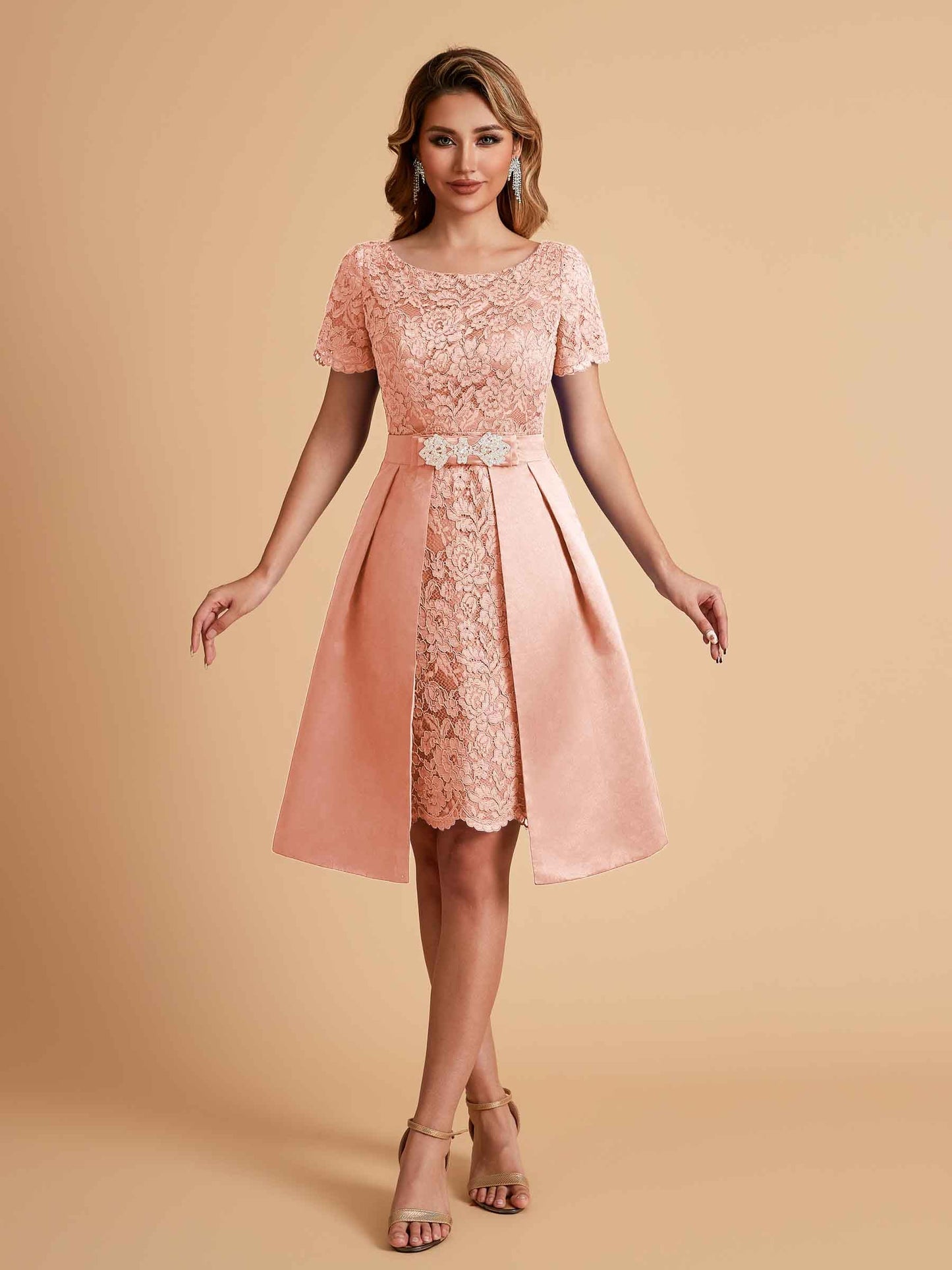 Elegant A-line Short Sleeves Jewel Knee Length Mother of the Brides Dresses