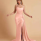 Sexy Satin Sleeveless Pleats Mermaid Bridesmaid Dresses Side Slit Floor Length