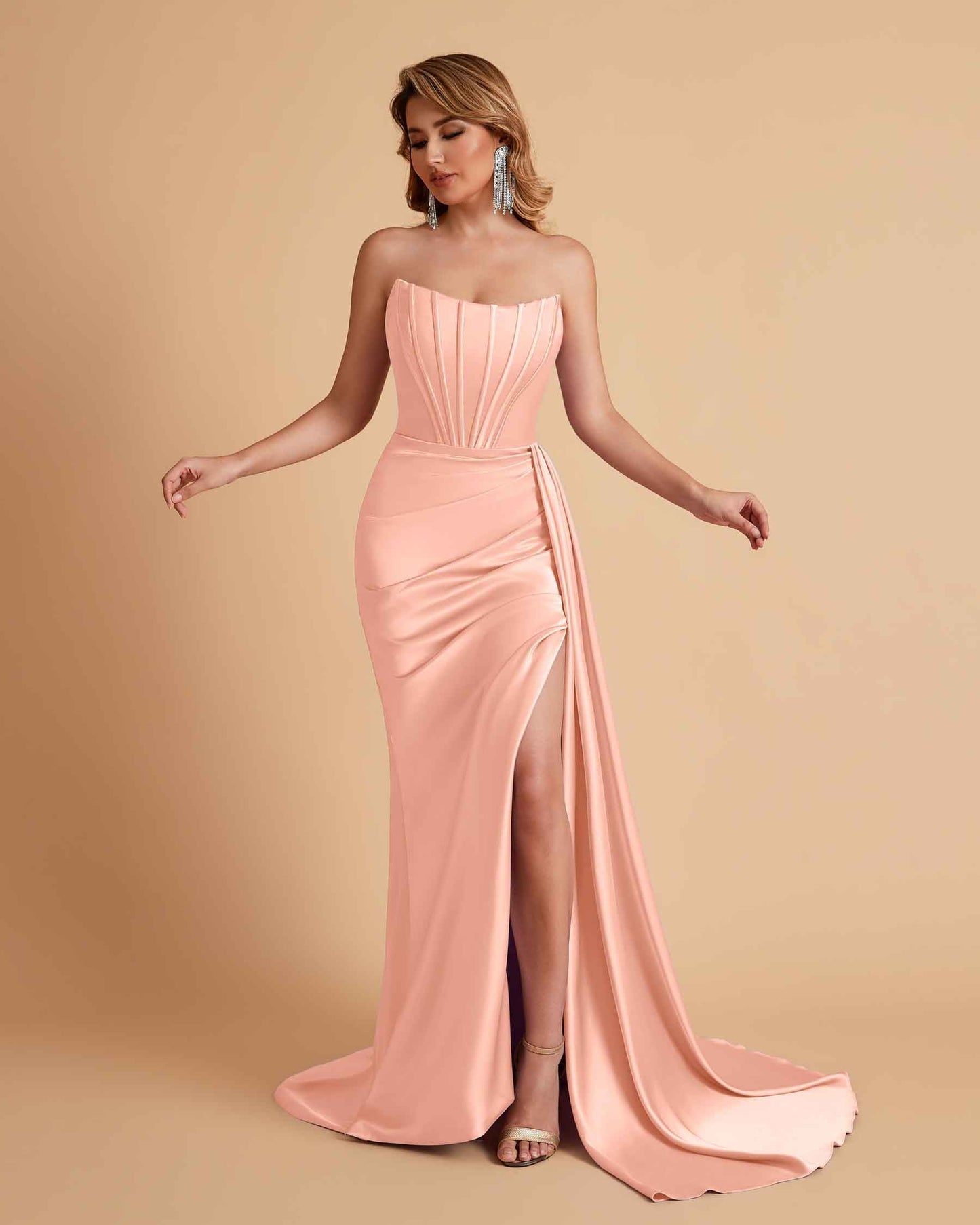 Sexy Satin Sleeveless Pleats Mermaid Bridesmaid Dresses Side Slit Floor Length