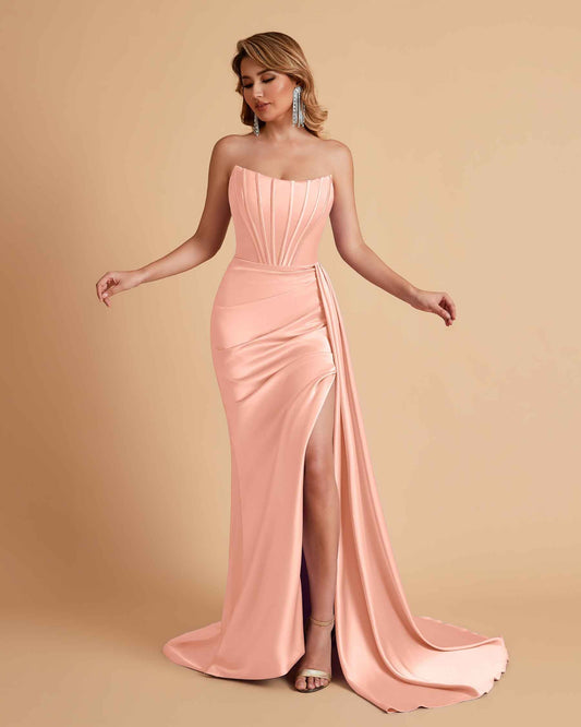 Sexy Satin Sleeveless Pleats Mermaid Bridesmaid Dresses Side Slit Floor Length