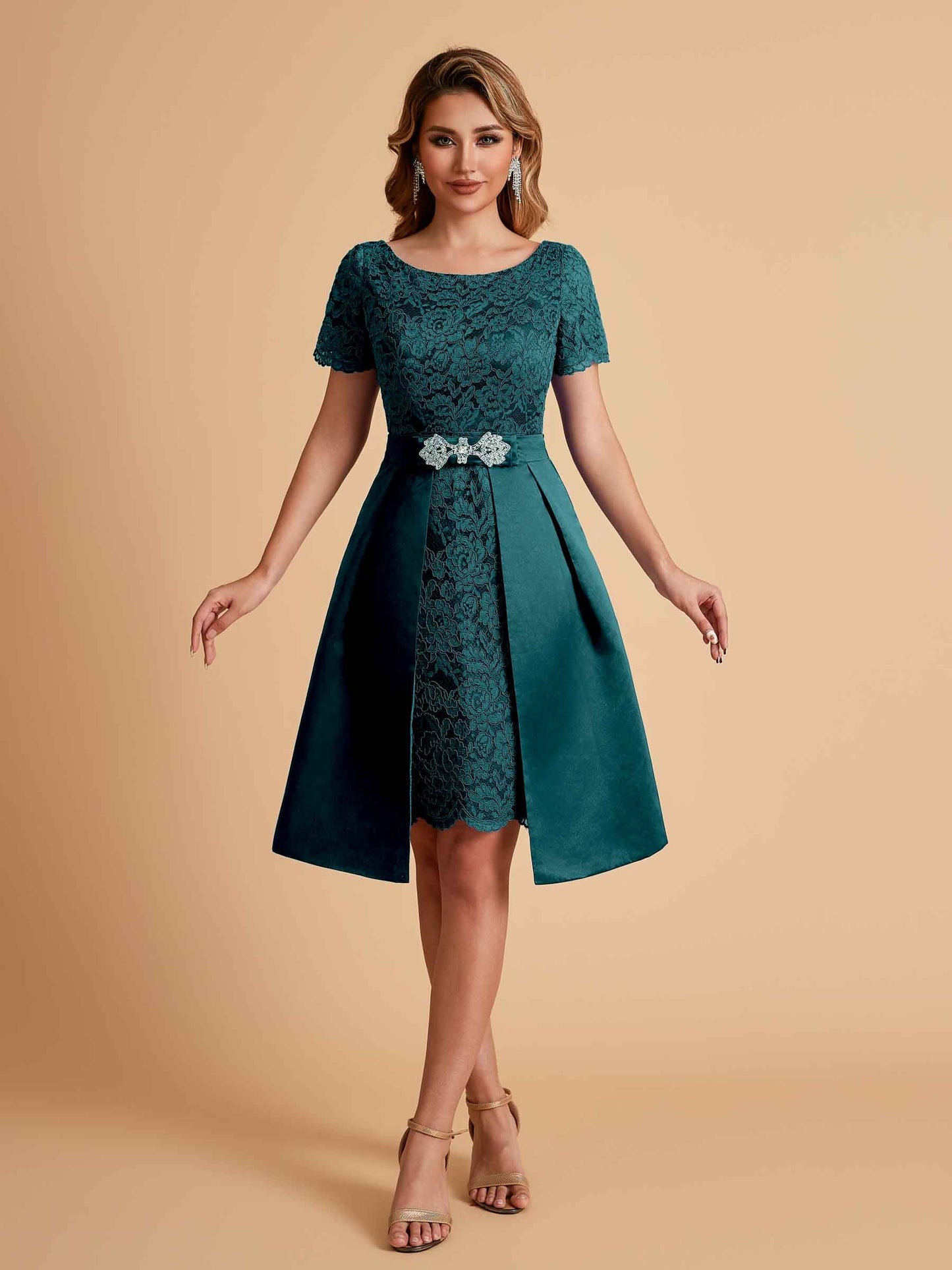 Elegant A-line Short Sleeves Jewel Knee Length Mother of the Brides Dresses