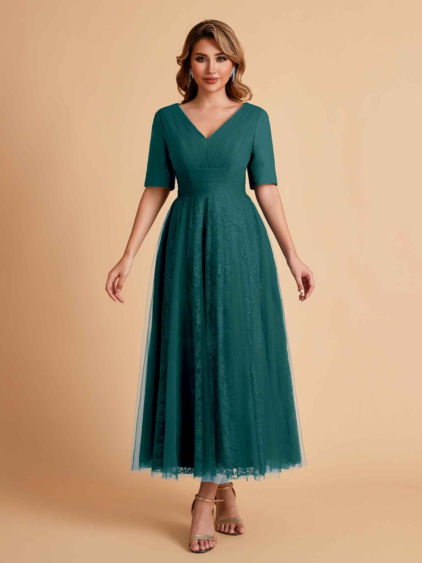 Elegant A-line Half Sleeves V-neck Mother of the Brides Dresses Online