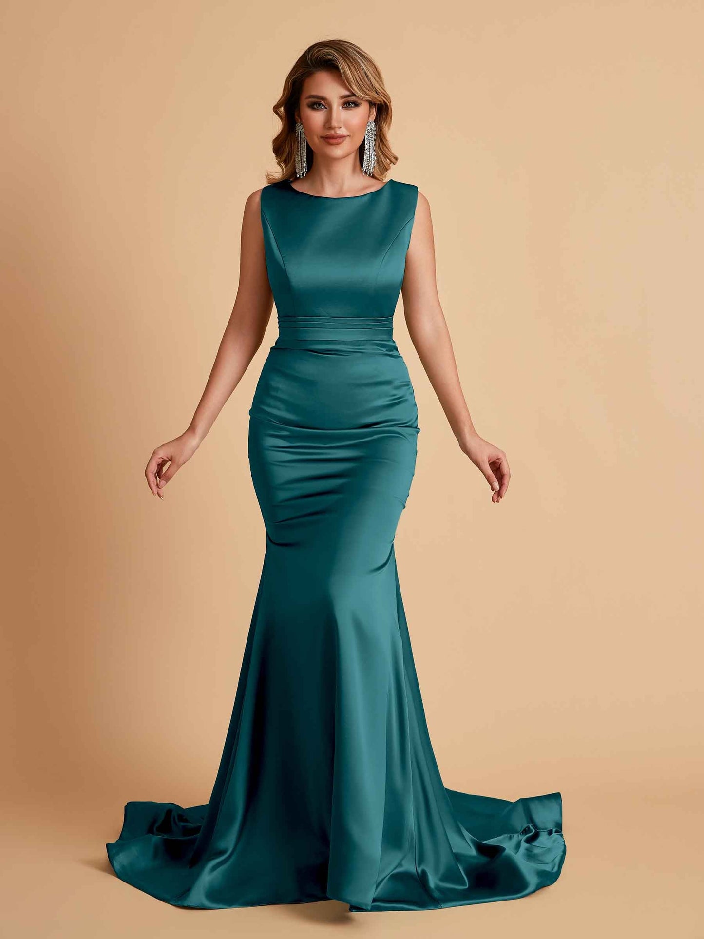 Elegant Satin Sleeveless Pleats Mermaid Bridesmaid Dresses Floor Length