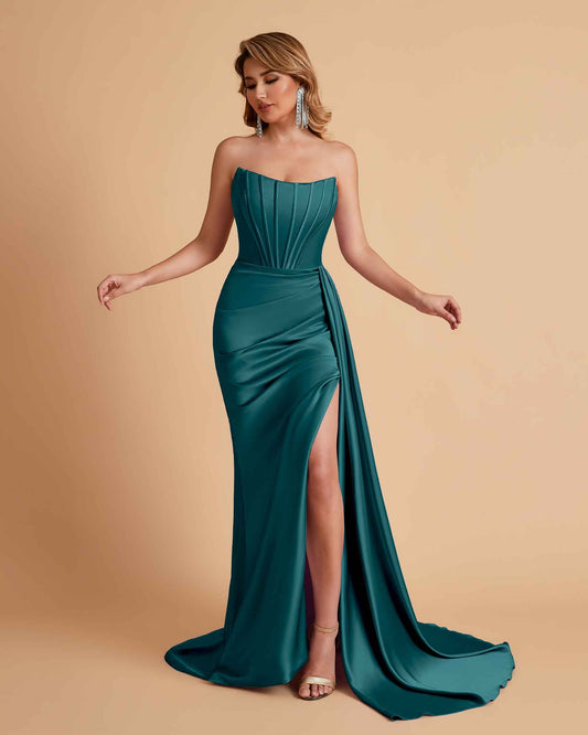 Sexy Satin Sleeveless Pleats Mermaid Bridesmaid Dresses Side Slit Floor Length