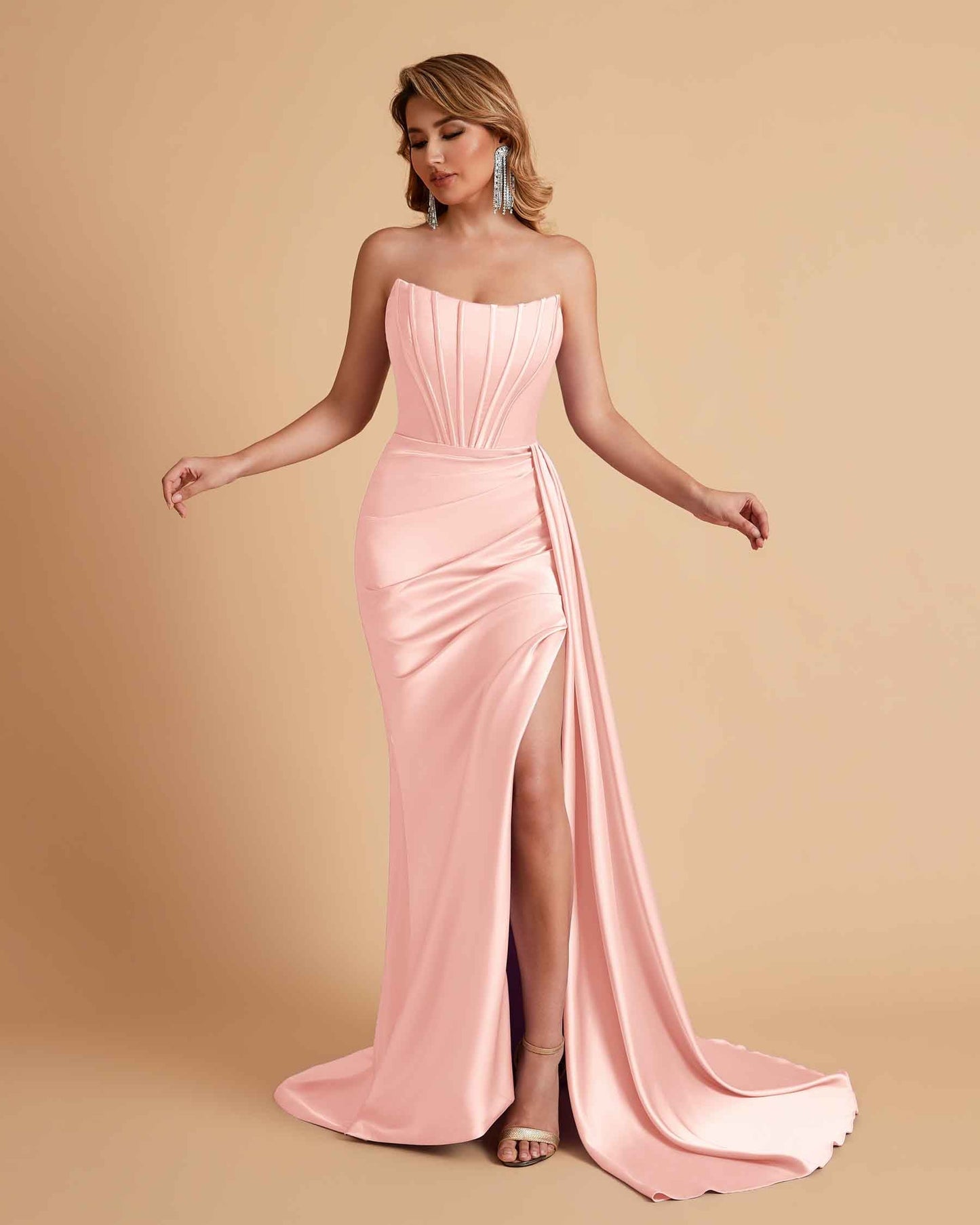 Sexy Satin Sleeveless Pleats Mermaid Bridesmaid Dresses Side Slit Floor Length