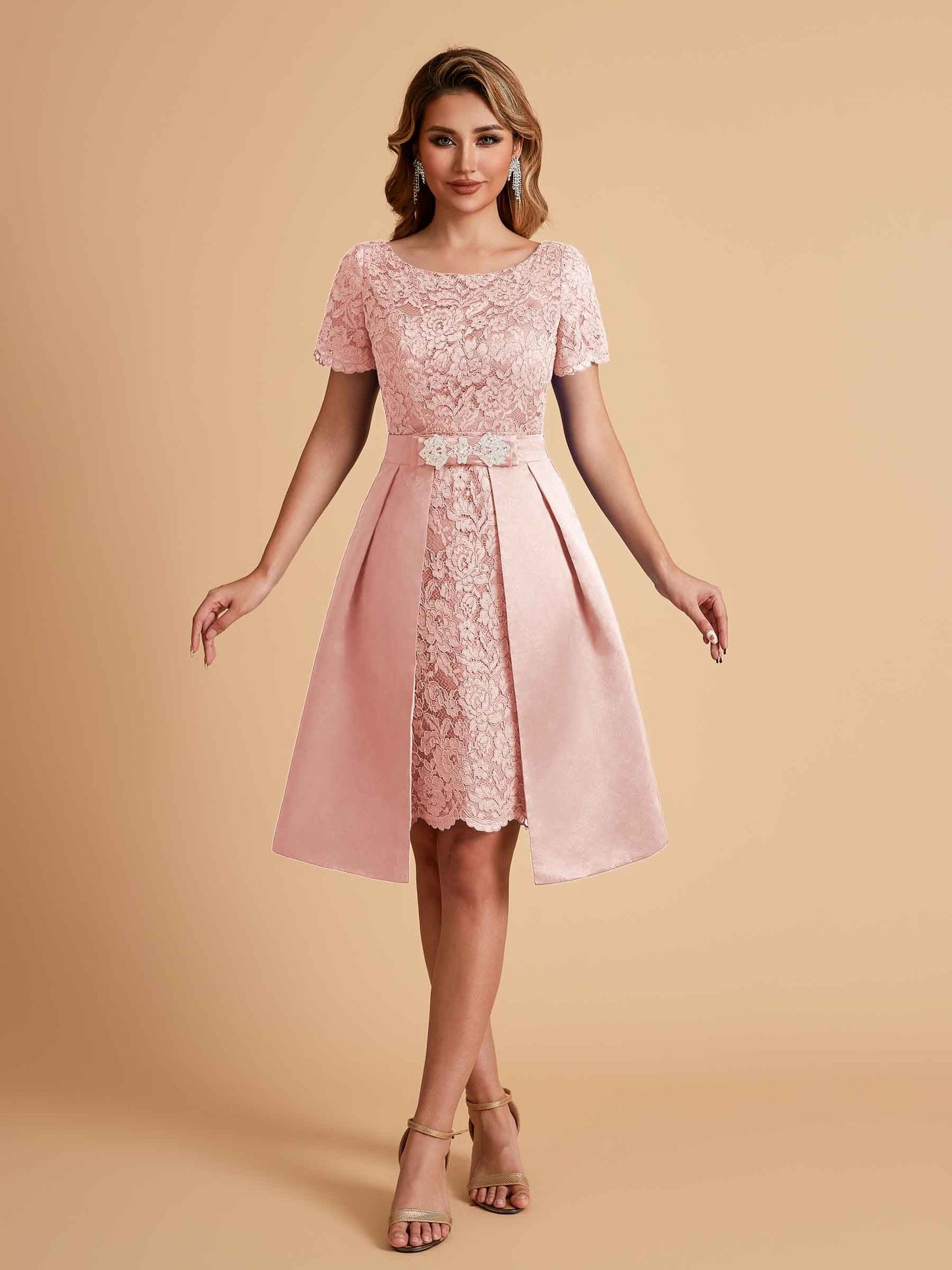 Elegant A-line Short Sleeves Jewel Knee Length Mother of the Brides Dresses