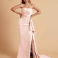 Sexy Satin Side Slit Strapless Pleats Floor Length Mermaid Bridesmaid Dresses