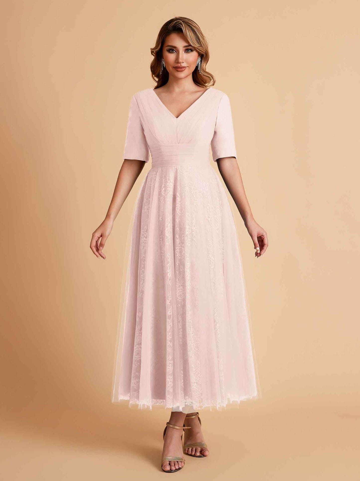 Elegant A-line Half Sleeves V-neck Mother of the Brides Dresses Online