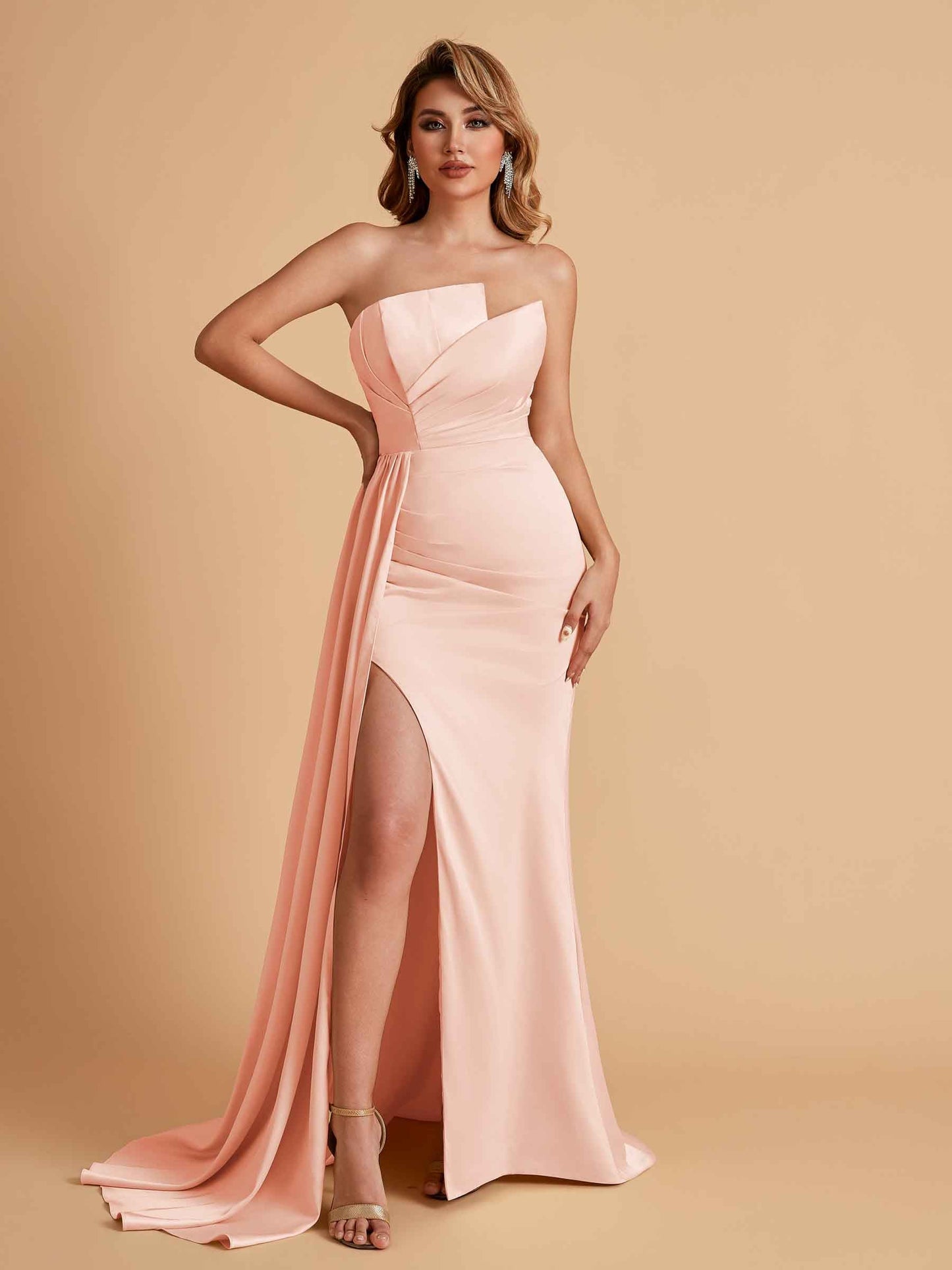 Elegant Satin Sleeveless Asymmetrical Mermaid Side Slit Floor Length Bridesmaid Dresses