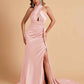 Elegant Satin Halter Pleats Side Slit Mermaid Bridesmaid Dresses Floor-Length