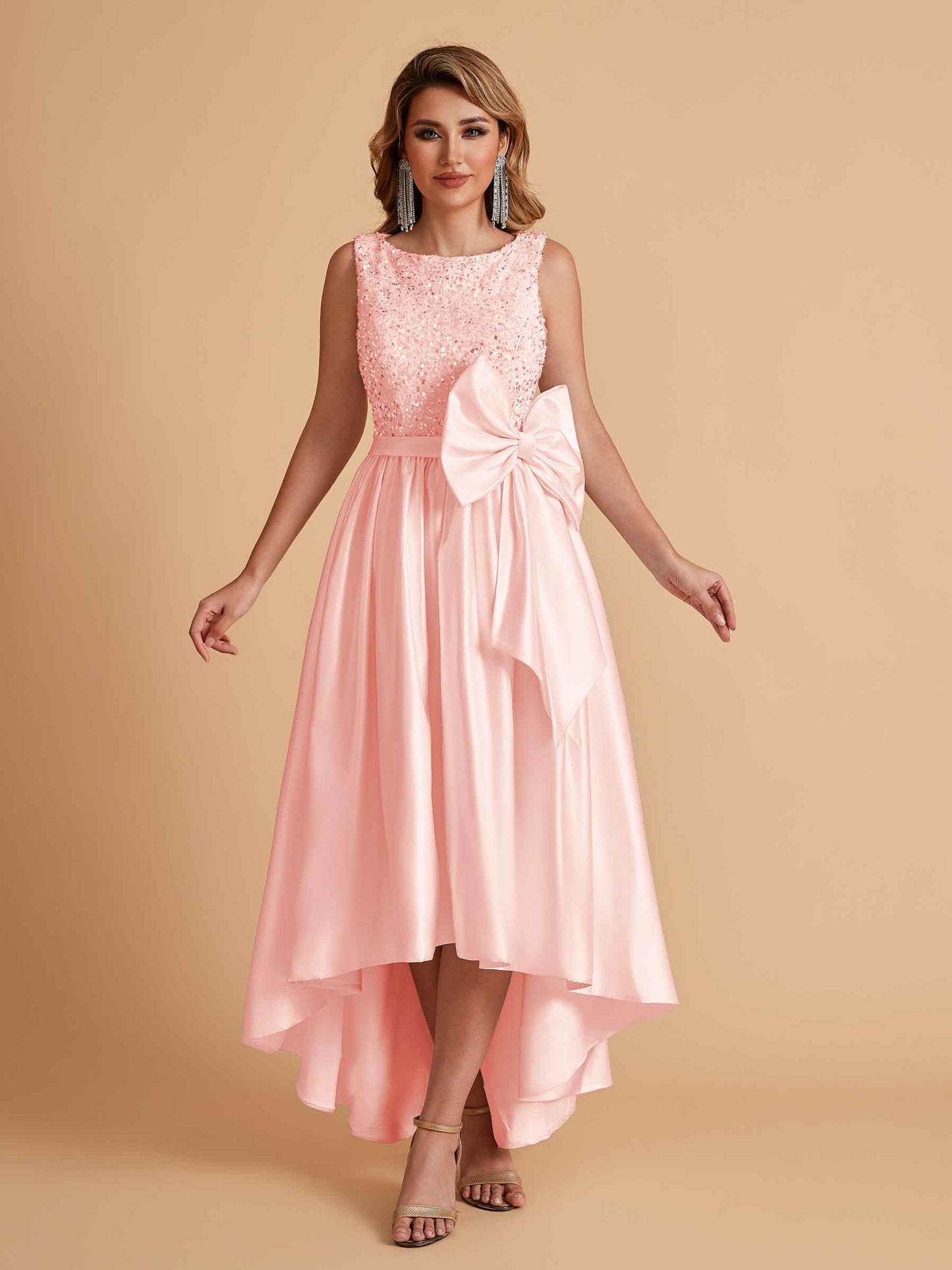 Sparkly Satin Sleeveless Pleats A-line Bridesmaid Dresses High-Low
