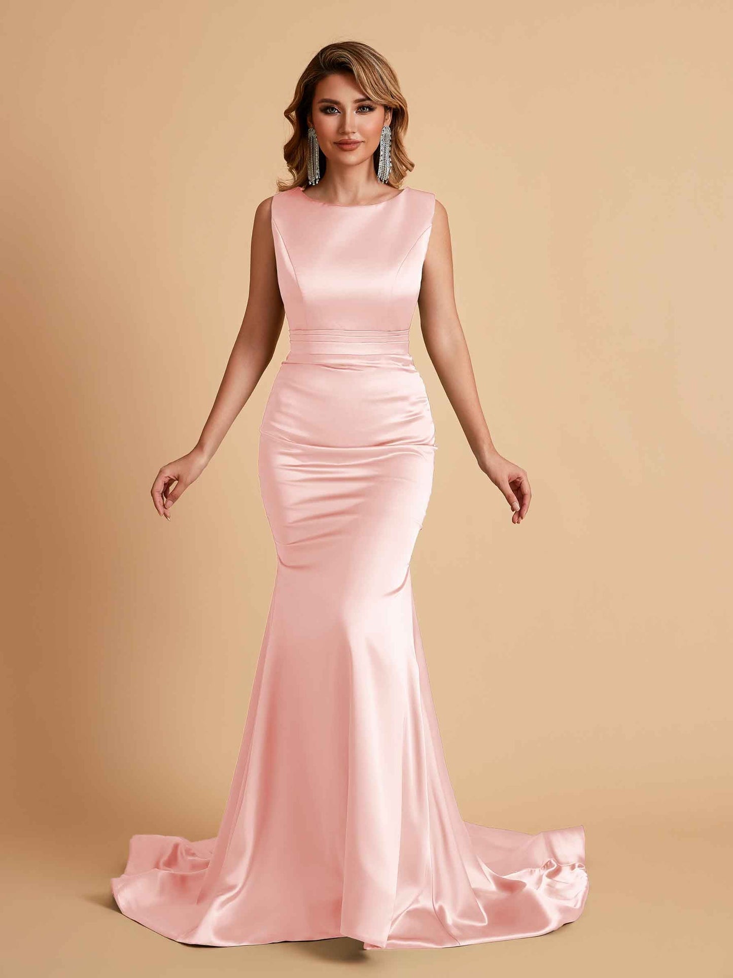 Elegant Satin Sleeveless Pleats Mermaid Bridesmaid Dresses Floor Length