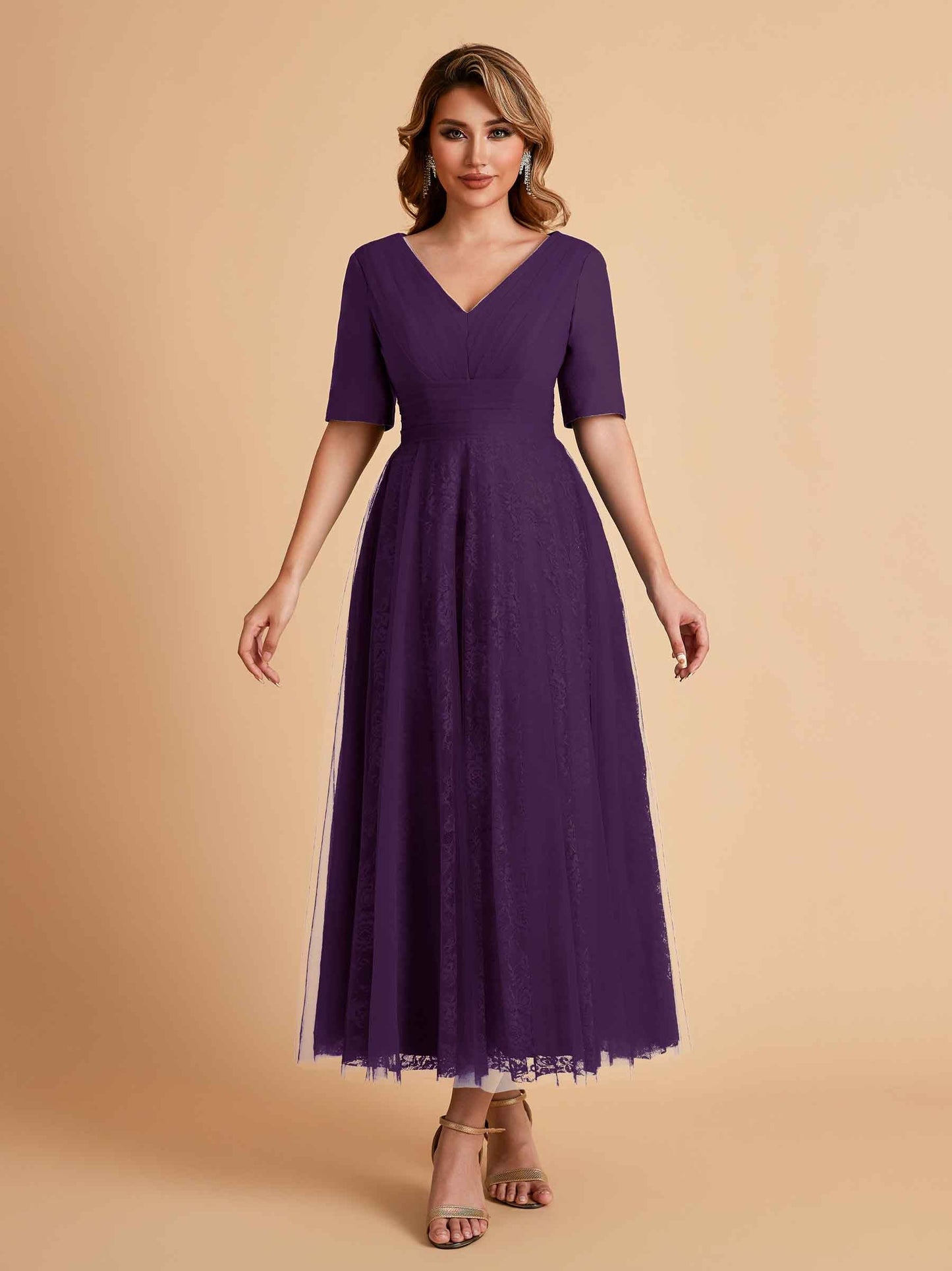 Elegant A-line Half Sleeves V-neck Mother of the Brides Dresses Online
