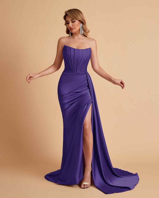 Sexy Satin Sleeveless Pleats Mermaid Bridesmaid Dresses Side Slit Floor Length