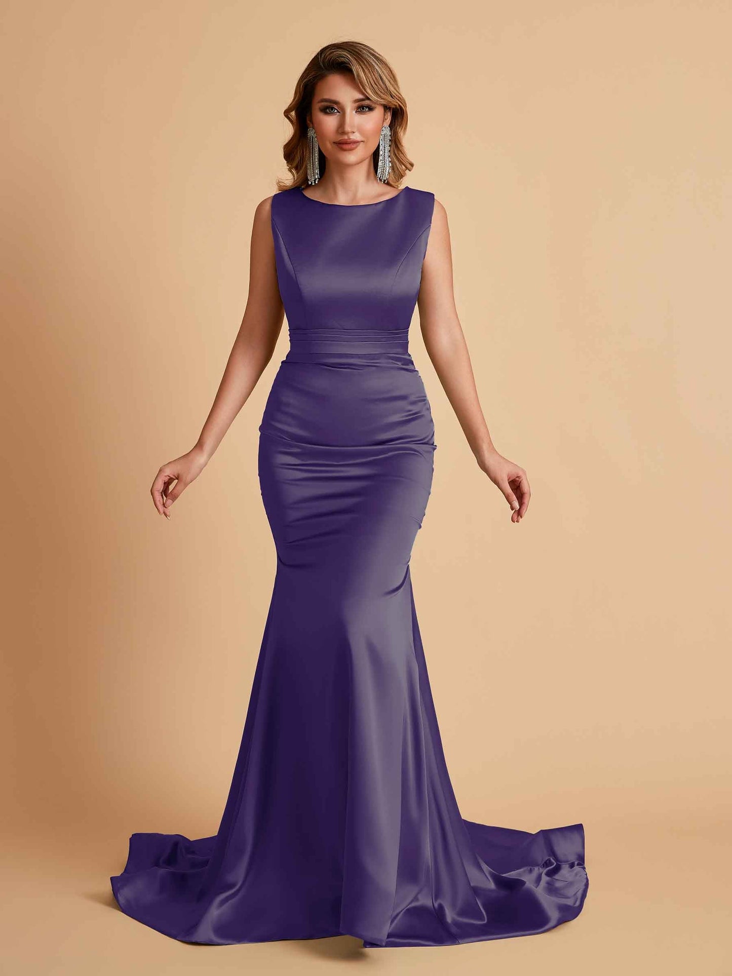 Elegant Satin Sleeveless Pleats Mermaid Bridesmaid Dresses Floor Length