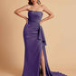 Sexy Satin Side Slit Strapless Pleats Floor Length Mermaid Bridesmaid Dresses