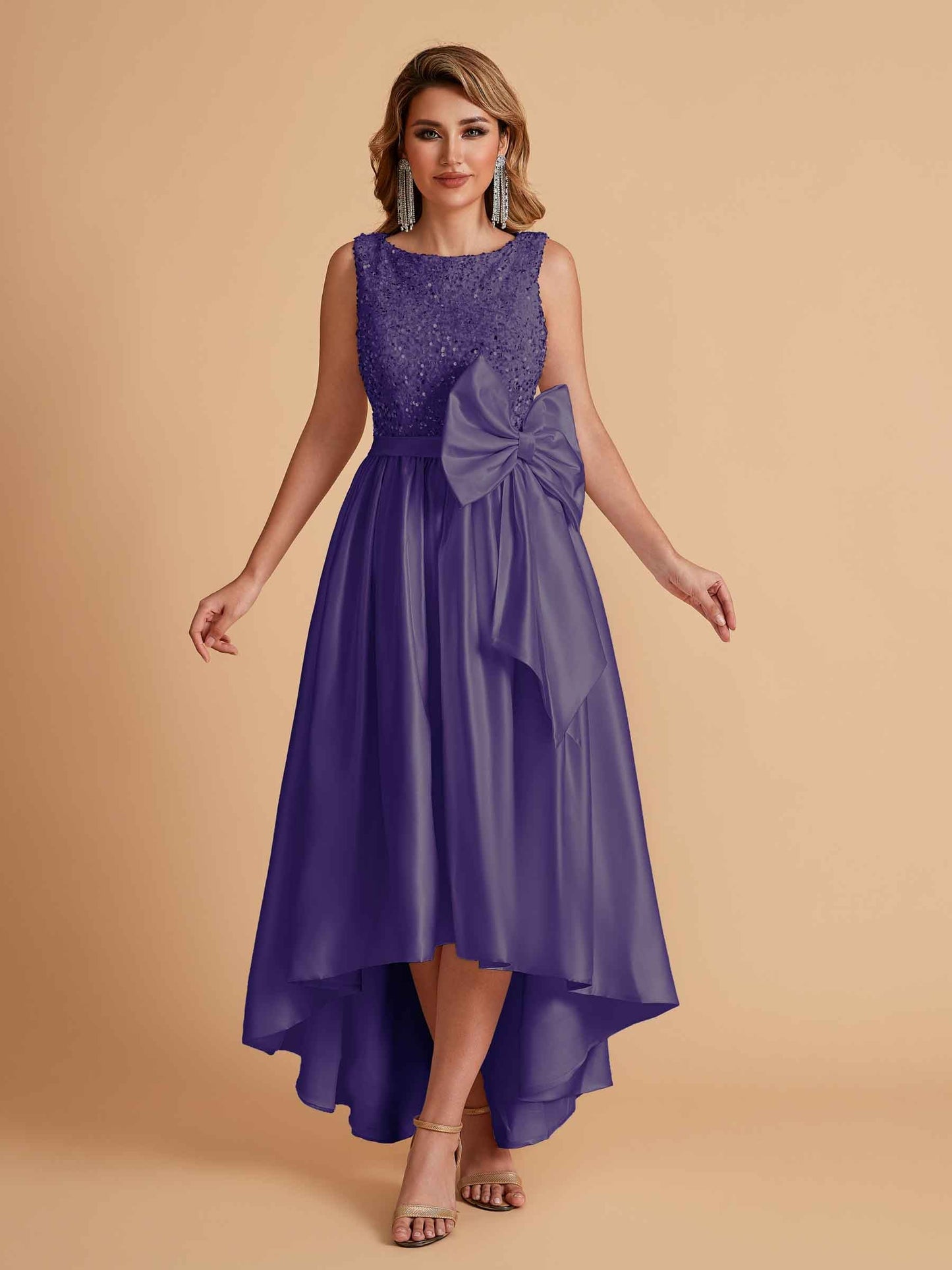 Sparkly Satin Sleeveless Pleats A-line Bridesmaid Dresses High-Low