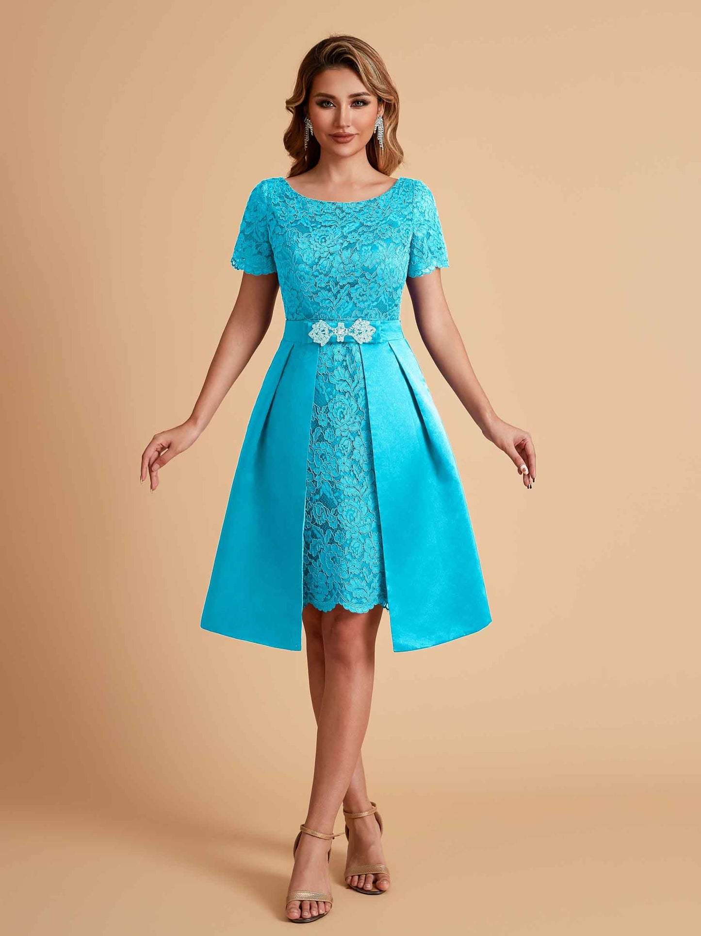 Elegant A-line Short Sleeves Jewel Knee Length Mother of the Brides Dresses