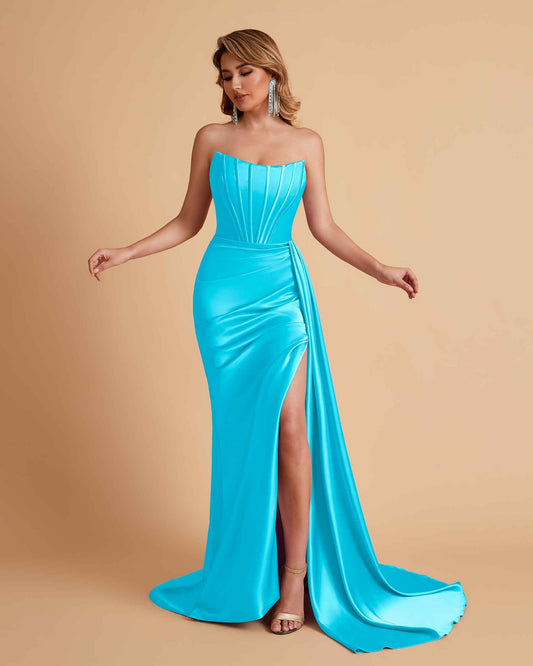 Sexy Satin Sleeveless Pleats Mermaid Bridesmaid Dresses Side Slit Floor Length
