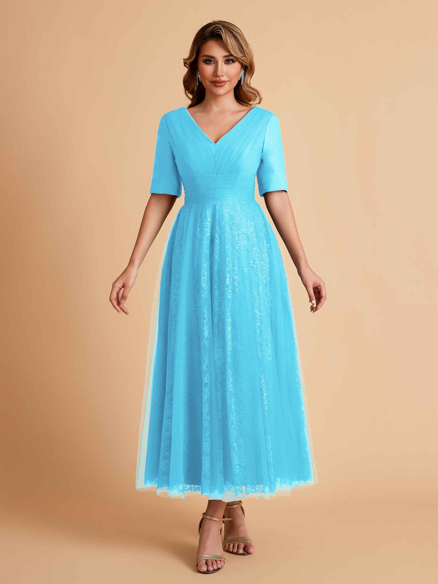 Elegant A-line Half Sleeves V-neck Mother of the Brides Dresses Online