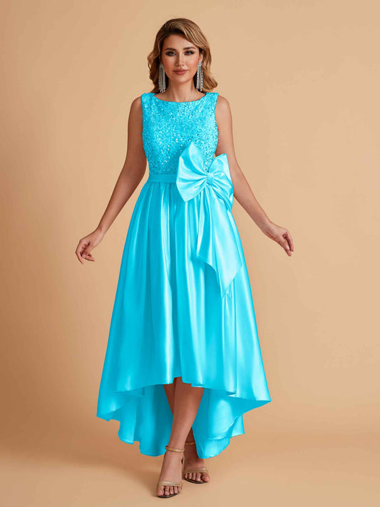 Sparkly Satin Sleeveless Pleats A-line Bridesmaid Dresses High-Low