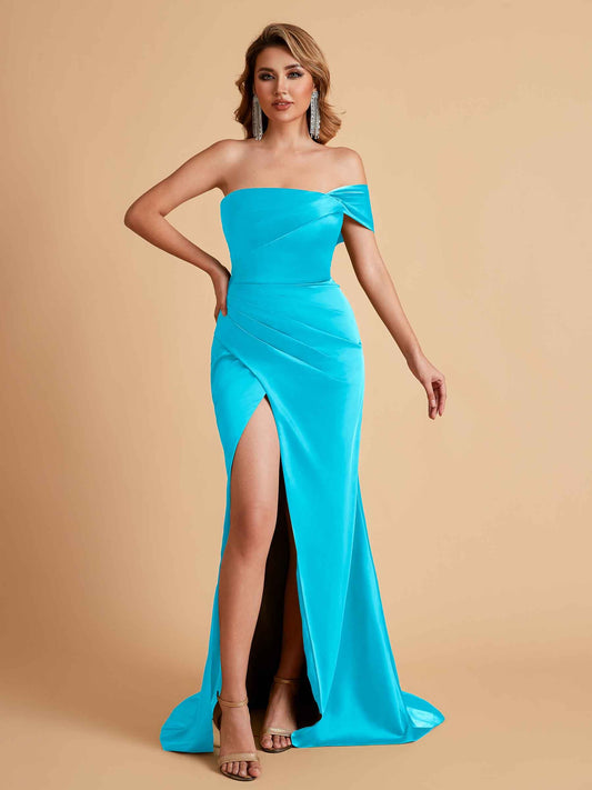 Sexy Satin One Shoulder Pleats Mermaid Bridesmaid Dresses Side Slit Floor Length
