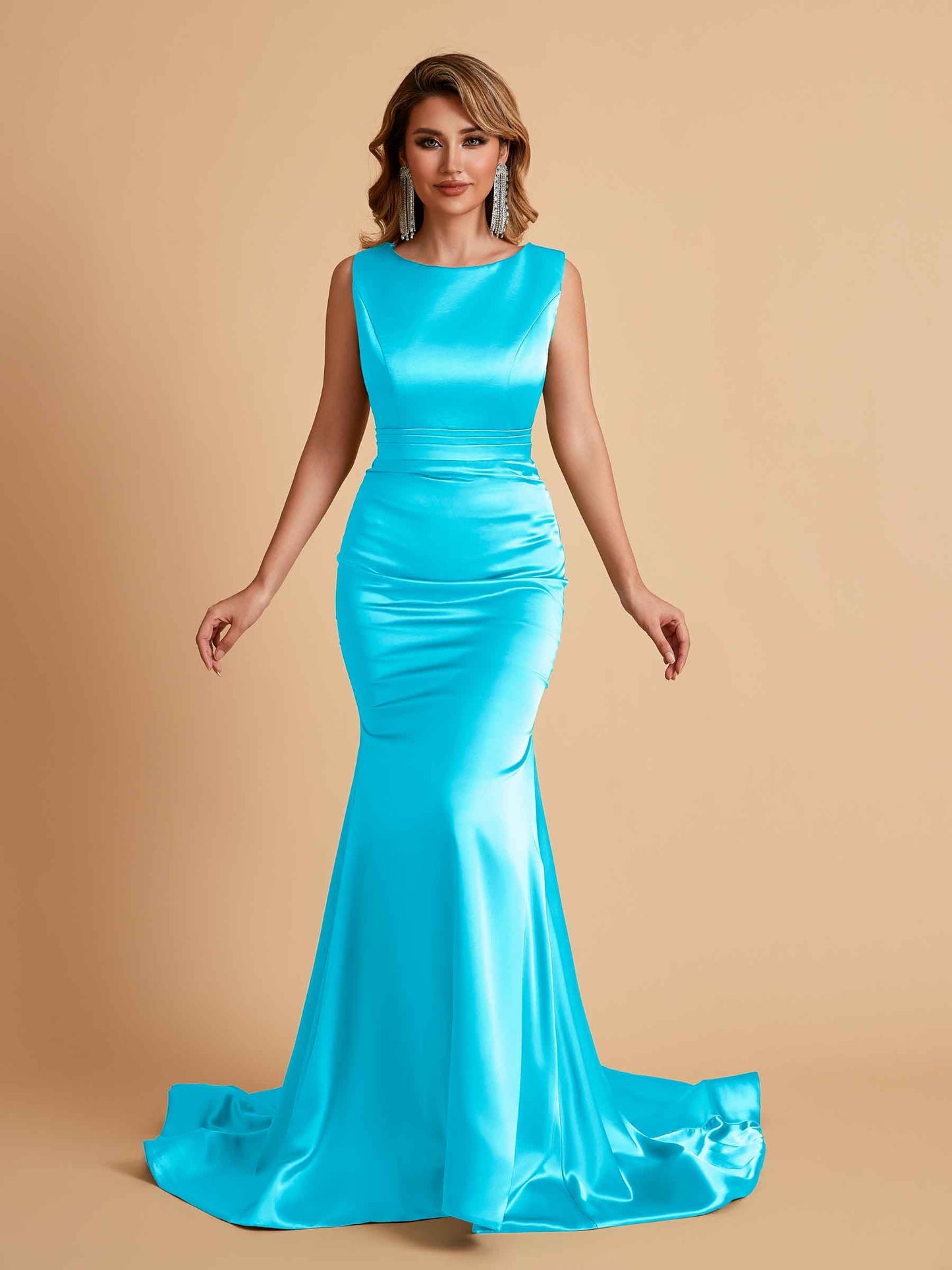 Elegant Satin Sleeveless Pleats Mermaid Bridesmaid Dresses Floor Length