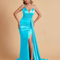 Sexy Satin Mermaid Spaghetti Straps V-neck Side Slit Long Bridesmaid Dresses