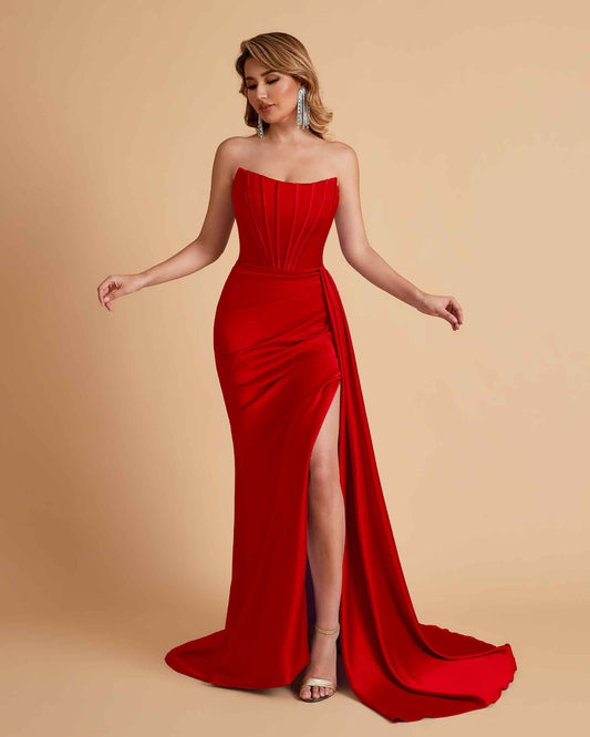 Sexy Satin Sleeveless Pleats Mermaid Bridesmaid Dresses Side Slit Floor Length