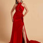 Elegant Satin Halter Pleats Side Slit Mermaid Bridesmaid Dresses Floor-Length