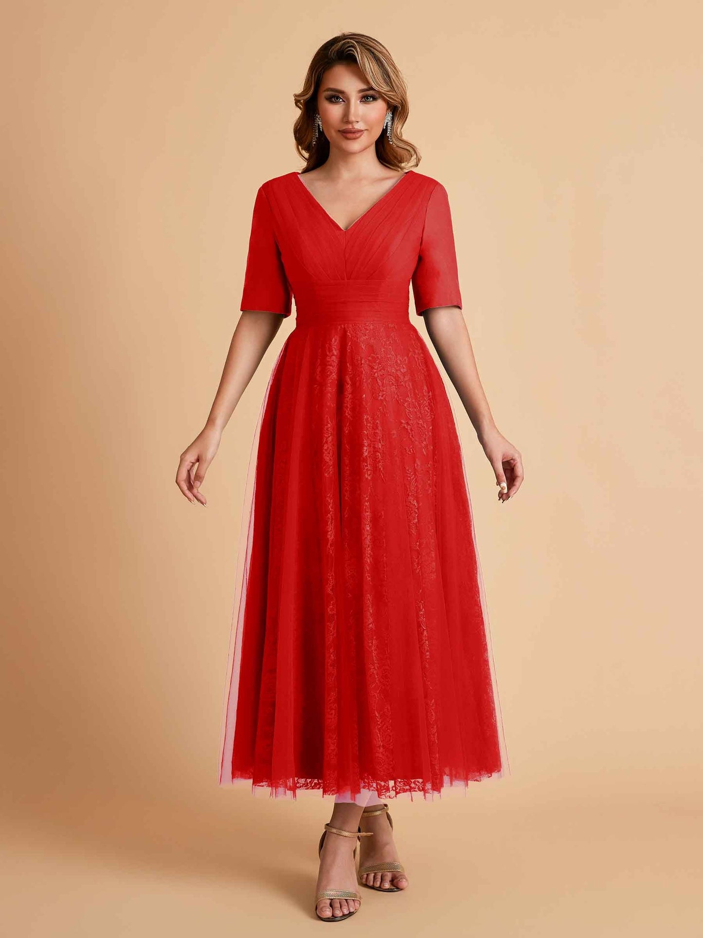 Elegant A-line Half Sleeves V-neck Mother of the Brides Dresses Online