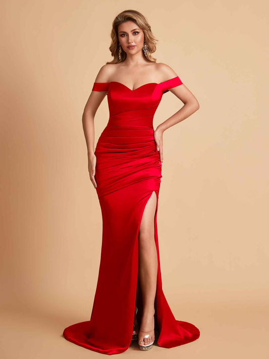 Sexy Soft Satin Off Shoulder Pleats Side Slit Floor-Length Mermaid Bridesmaid Dresses Online