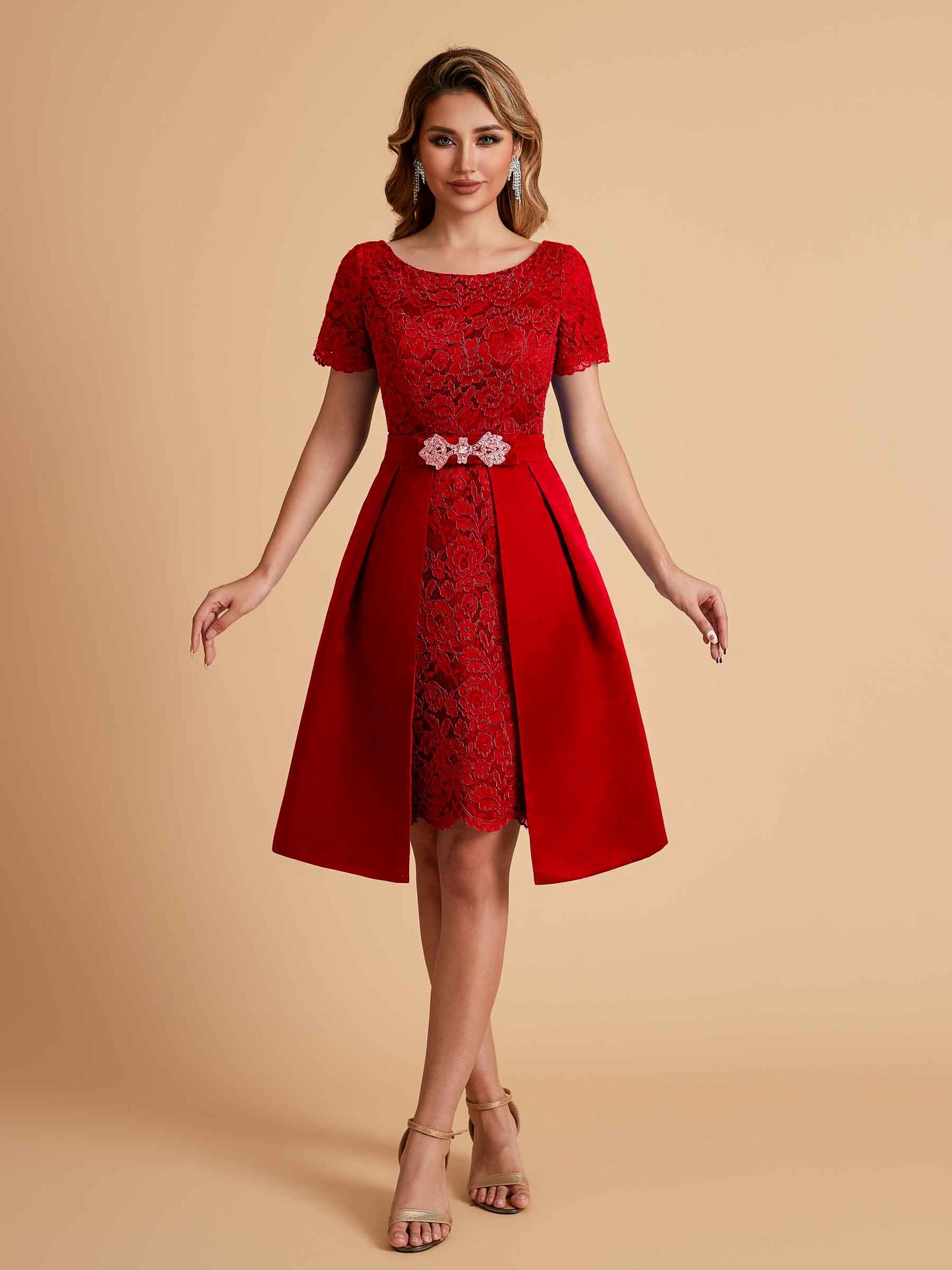 Elegant A-line Short Sleeves Jewel Knee Length Mother of the Brides Dresses