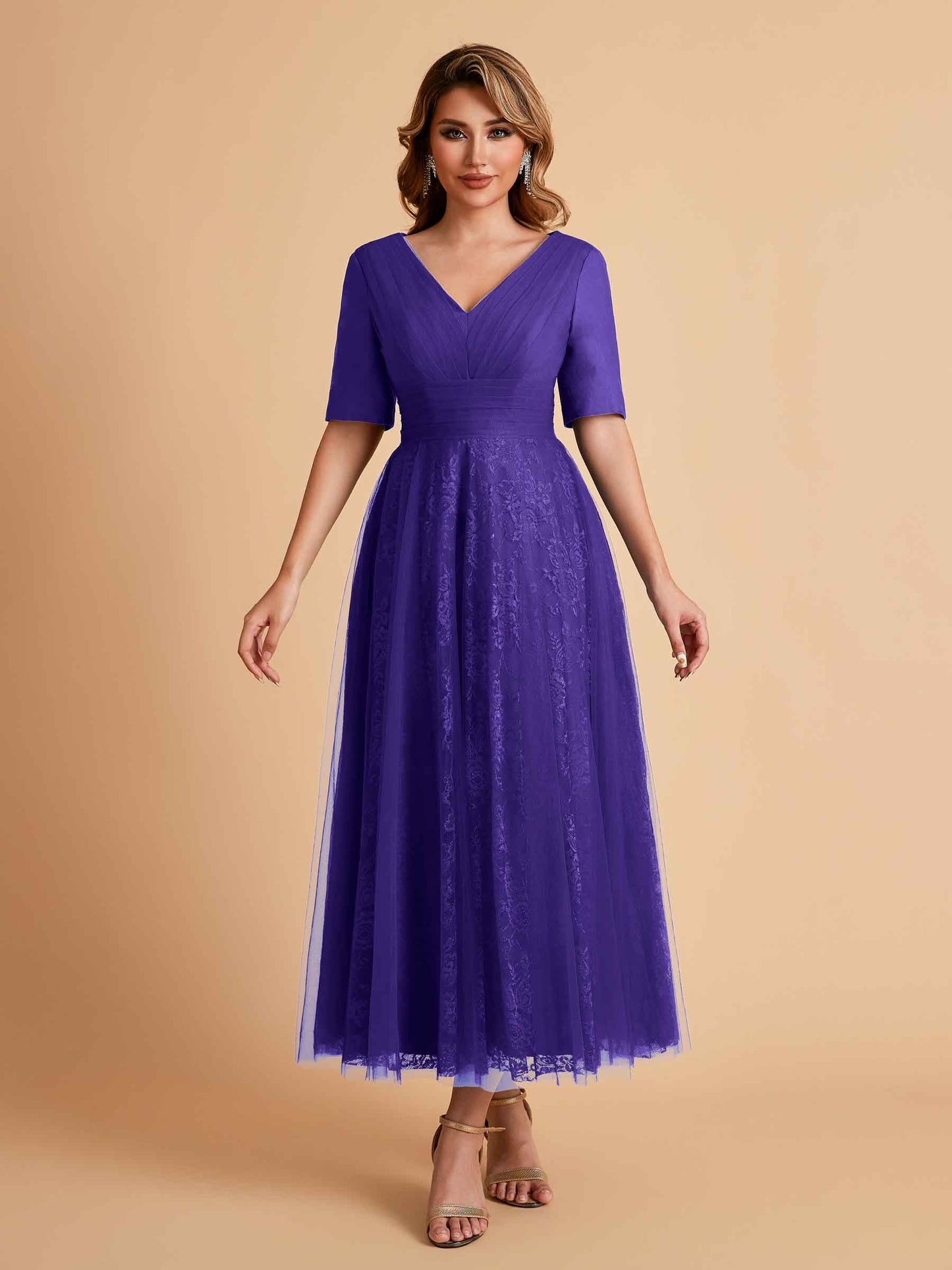 Elegant A-line Half Sleeves V-neck Mother of the Brides Dresses Online