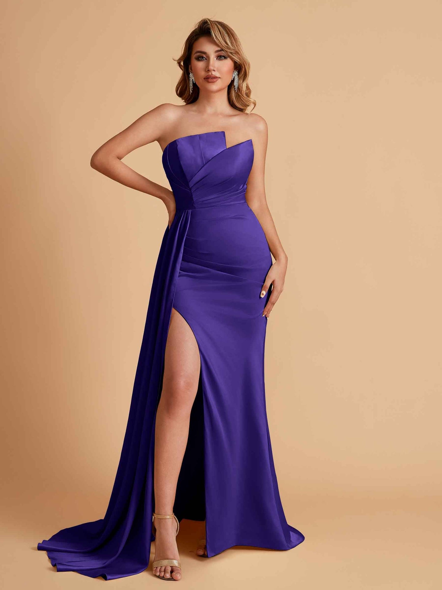 Elegant Satin Sleeveless Asymmetrical Mermaid Side Slit Floor Length Bridesmaid Dresses