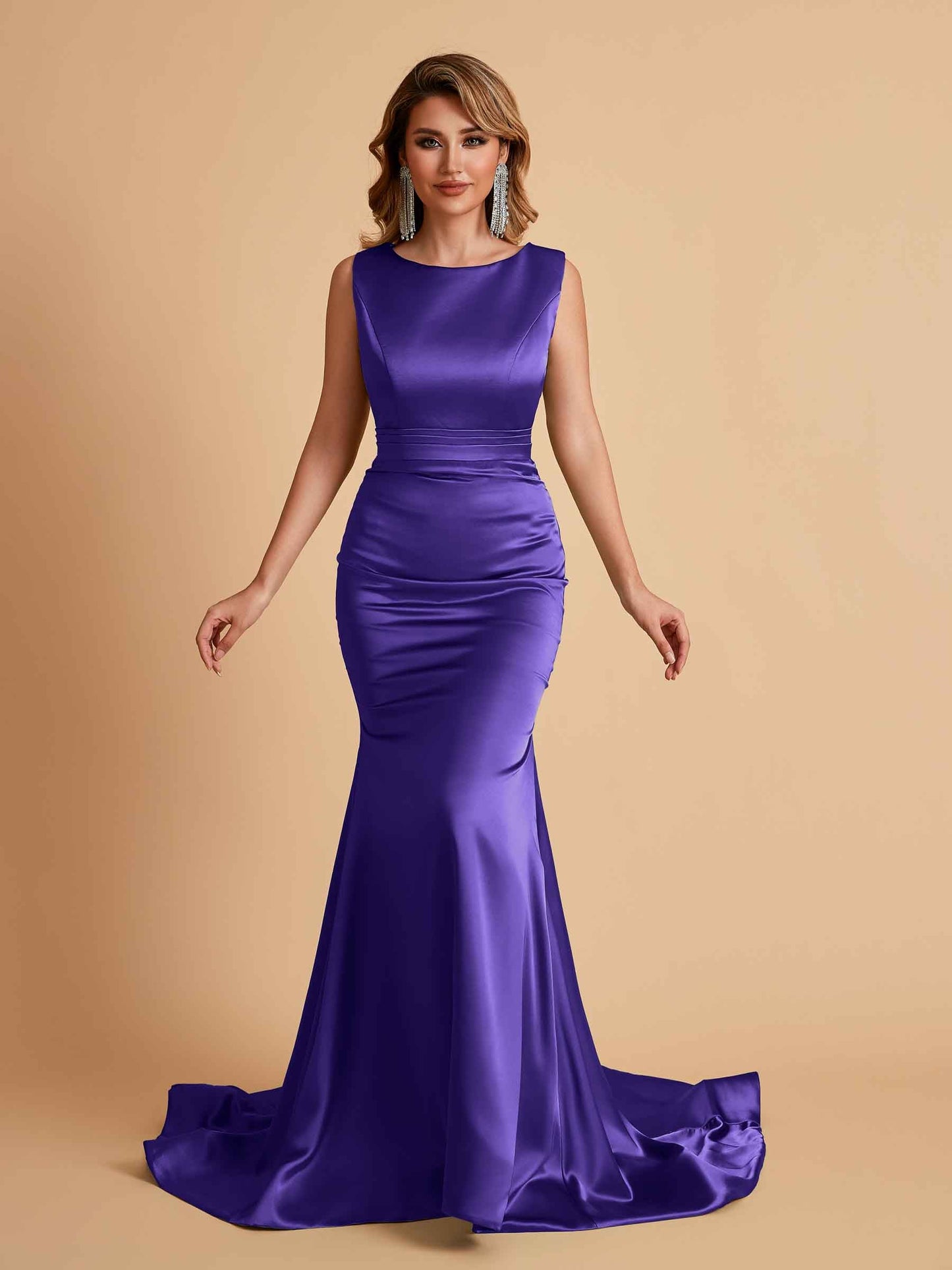 Elegant Satin Sleeveless Pleats Mermaid Bridesmaid Dresses Floor Length